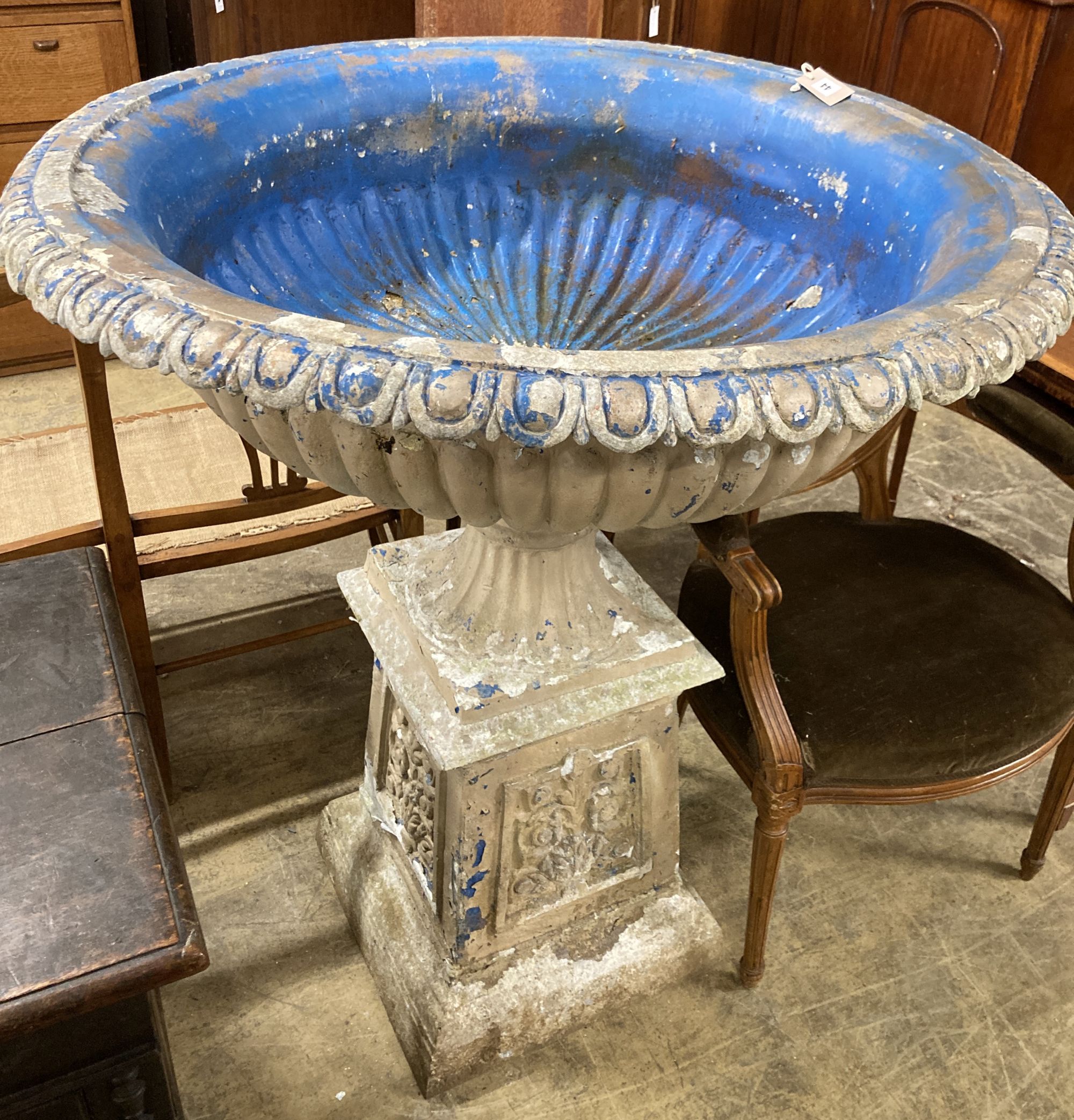 A large Victorian style Andy Thornton painted cast metal campana garden urn, diameter 100cm, height 114cm